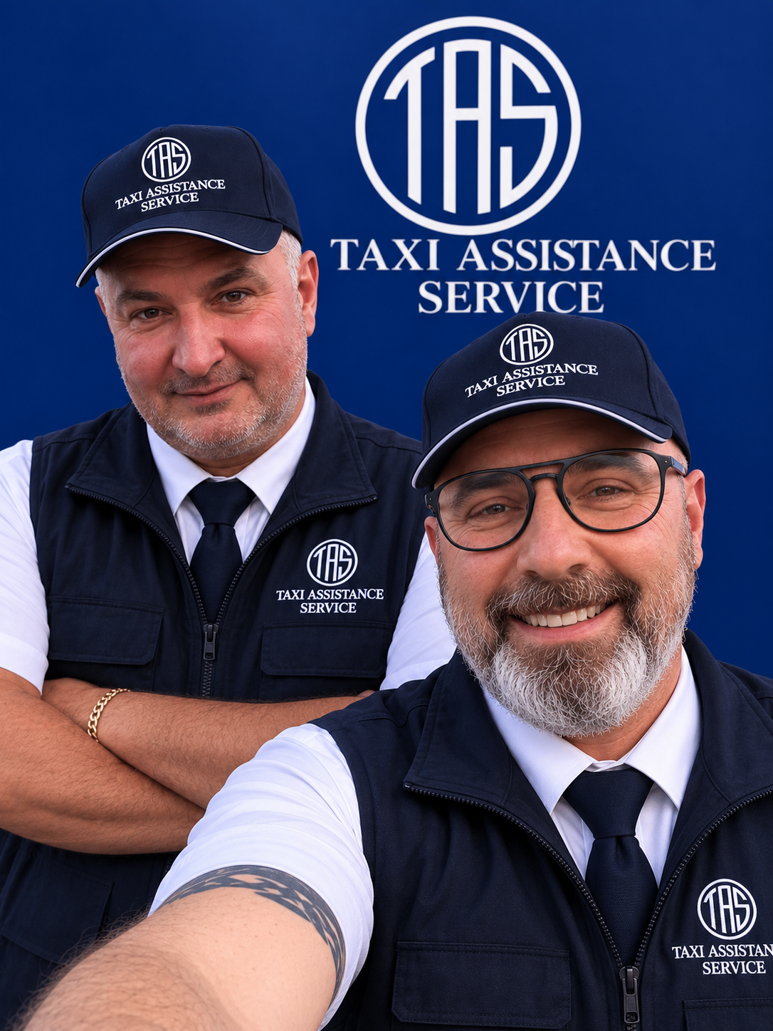 Les chauffeurs de Taxi Assistance Service Deux chauffeurs de Taxi Assistance Service en uniforme devant le logo de l’entreprise